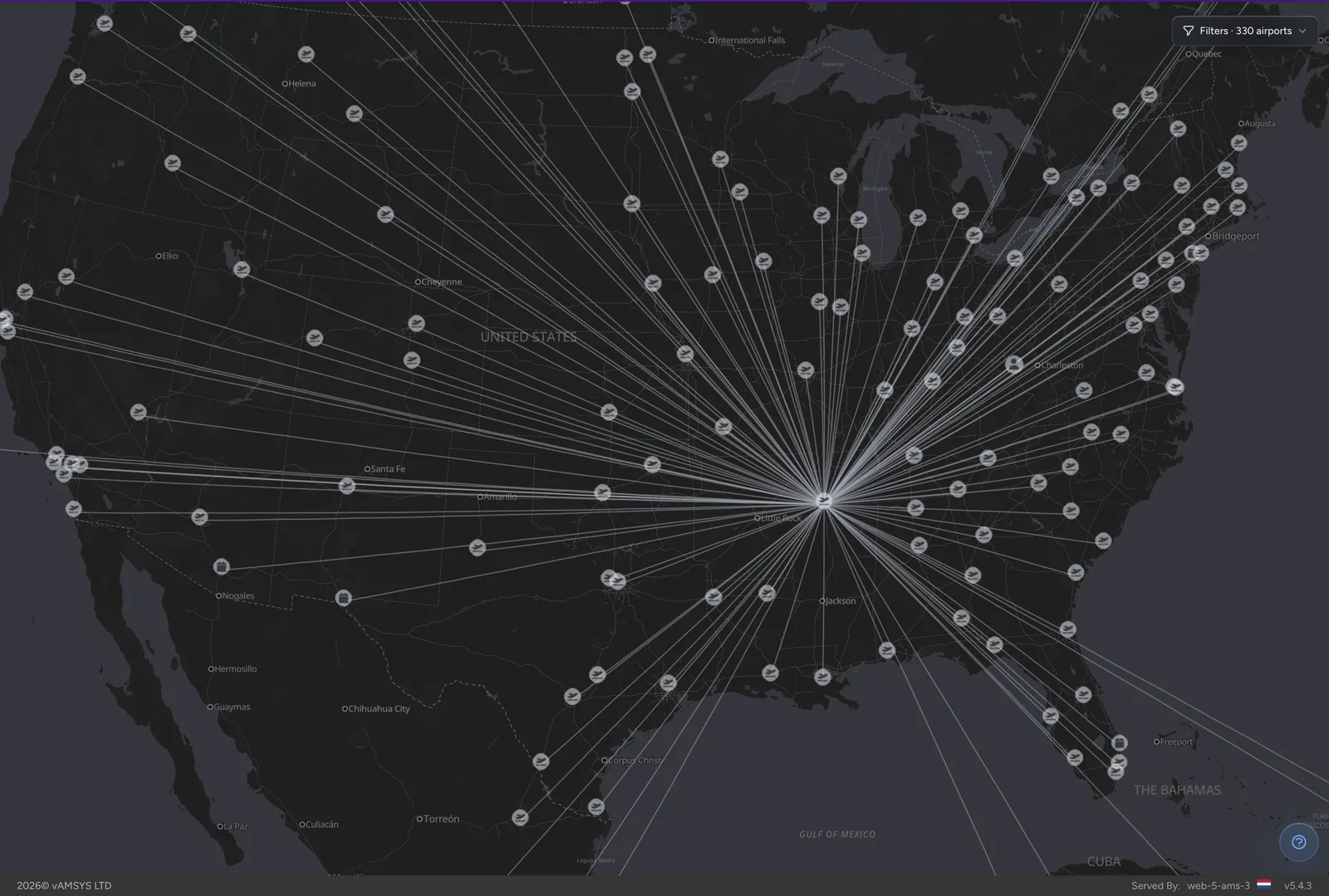 FedEx route network map centered on the Memphis (KMEM) hub, with hub-and-spoke connections radiating across North America.