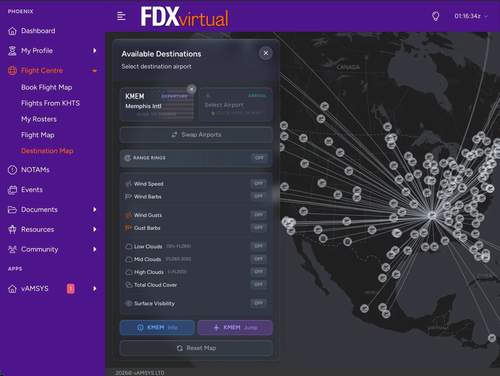 FDXvirtual destination map in the vAMSYS Phoenix interface — KMEM hub with available destinations across North America.